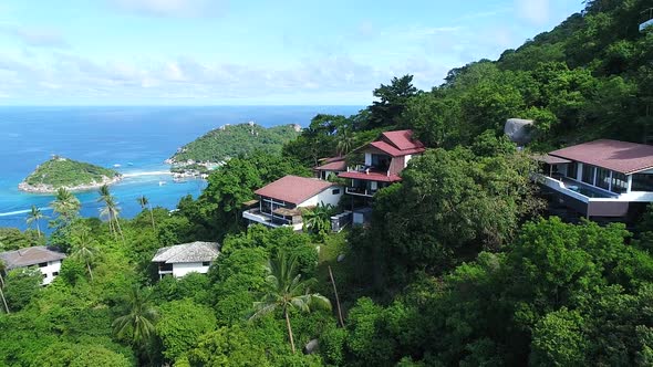 An aerial  view of villas in the mountains on the paradise island Koh Tao, Thailand