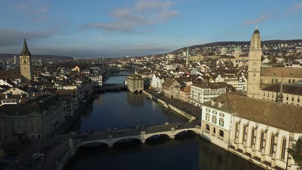 Aerial view of Limmat River in Zurich, Switzerland