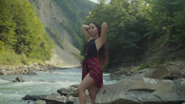 Slim Elegant Charming Asian Woman in Swimwear Posing Over Scenic Mountain Nature