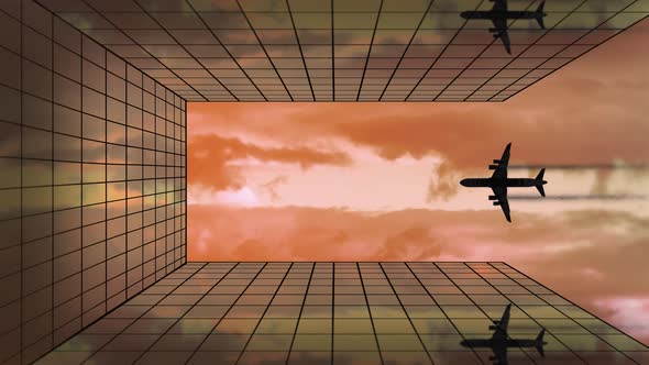 Silhouette Plane Red Sunset Sky Over Building That Reflects alt