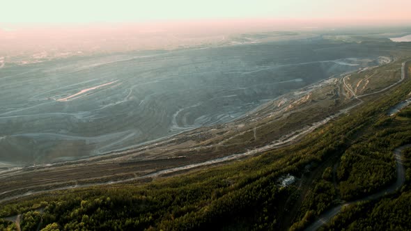 Panorama Aerial View Shot Open Pit Mine Coal Asbestos Mining Dumpers Quarrying Extractive Industry