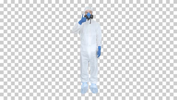 Man in protective suit a mask and a respirator, Alpha Channel