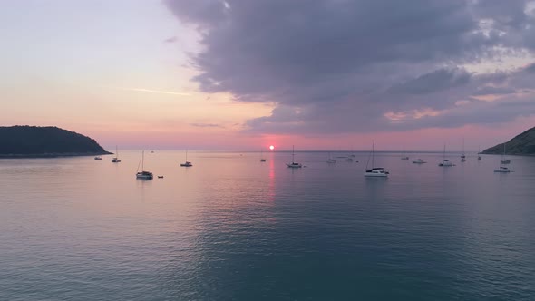 sail boats Aerial view drone fly over Phuket sea