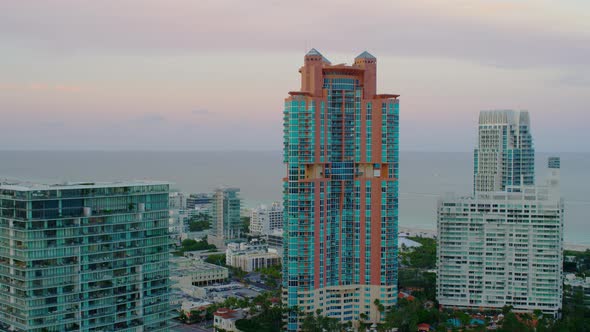 Aerial view of skyscrapers near the ocean in Miami