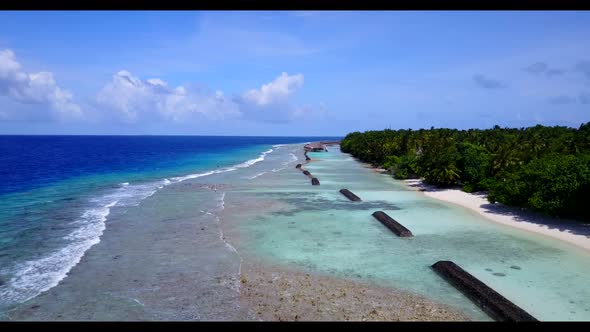 Aerial top down travel of beautiful tourist beach trip by blue sea and white sand background of a da