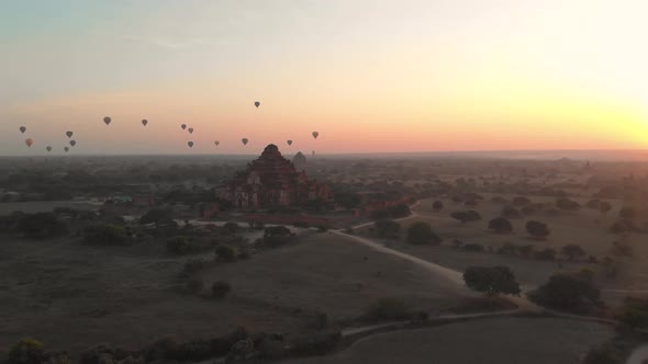 Aerial view of hot balloons in the Old Bagan temple site.