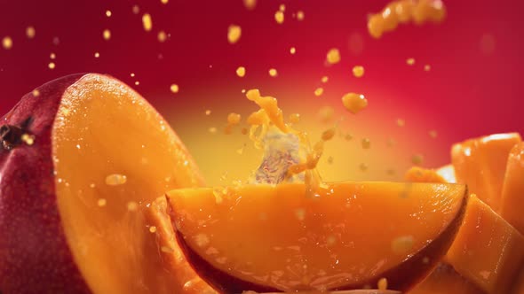 Slow Motion Shot of Mango Juice Splashing Through Mango Slices