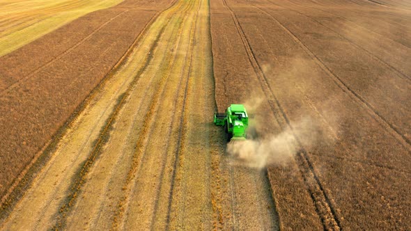 Flying above green harvester working on field, Poland