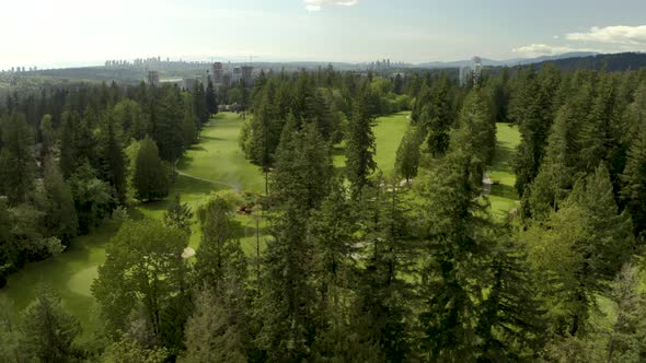 Aerial dolly right of golf course with pine trees on Tri-Cities area, Vancouver, British Columbia, C