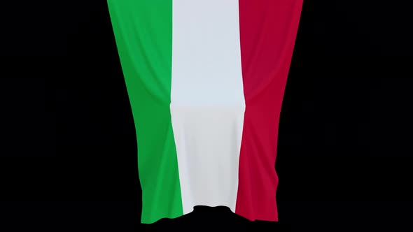 The piece of cloth falls with the flag of the State of Italy to cover the product