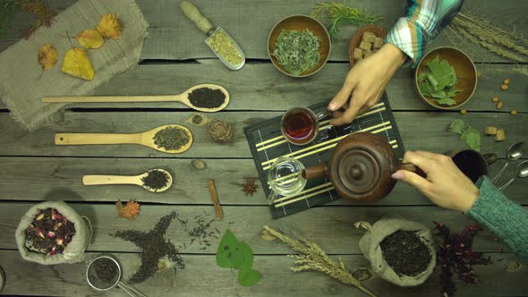 Black Tea on an Old Wooden Table. Flat Lay.