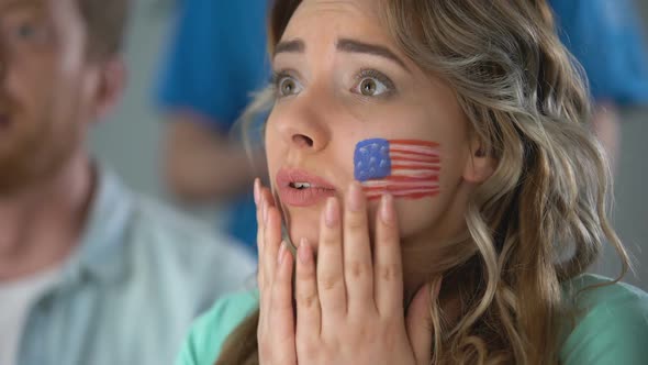 American Female Fan Watching Soccer Game on Tv at Home, Celebrating Victory