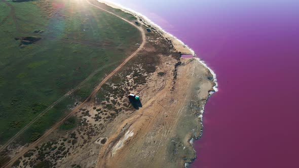 Pink Salt Lake Aerial Drone View at Sunrise