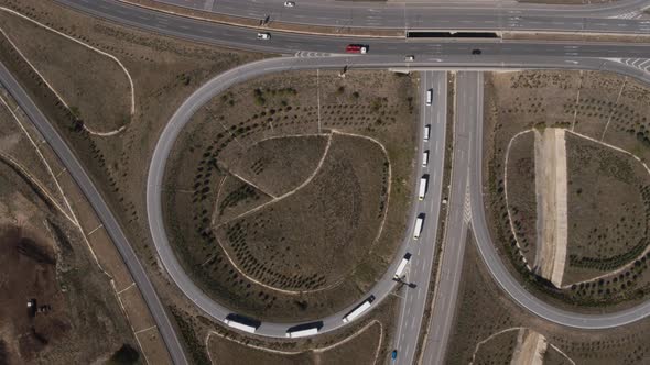 Highway Intersection Roundabout Trucks Passing Aerial View 