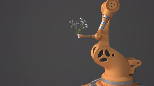 An orange robot holds a pot with a flower