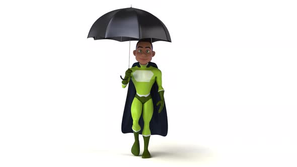 Fun 3D cartoon superhero walking with an umbrella