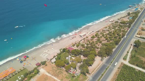 Aerial view of a tropical beach with white sand