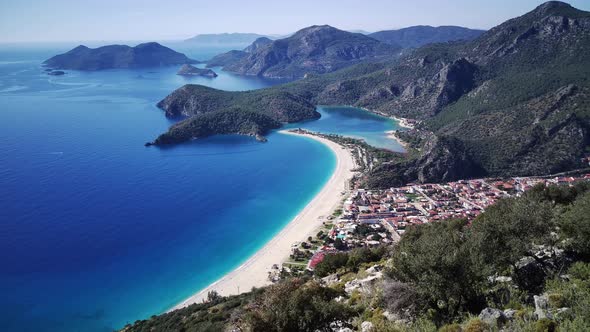 Amazing beautiful panoramic view from drone of Oludeniz Blue lagoon beach in Fethiye in Mugla