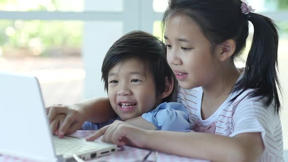 Cute Asian Children Using Tablet Together Slow Motion