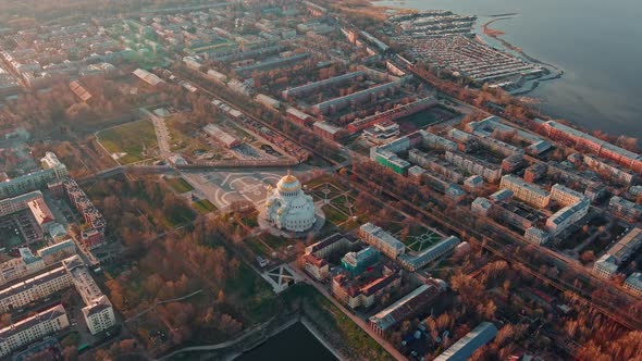 Aerial View of the Sea Capital of Russia Kronstadt at Sunset the Golden Dome of the Huge Main Naval