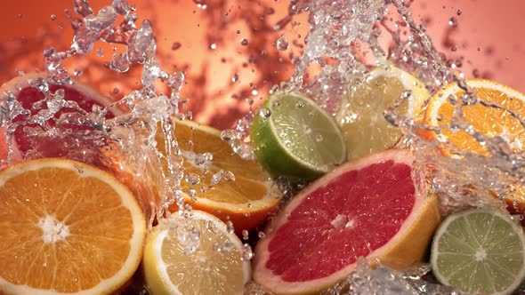 Slow Motion Shot of Citrus Fruits and Water Splashing Through Lemon Lime Grapefruit Slices