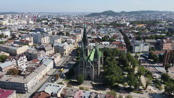 Aerial Shot The City Of Lviv. Temple Of St. Olga And Elizabeth. Ukraine