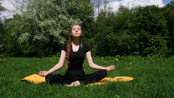 Beautiful Young Girl Meditates on a Rug for Yoga in a Park in Summer