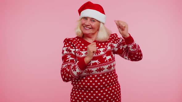 Mature Christmas Grandmother Woman Dancing Trendy Dance for Social Media Fooling Around Having Fun