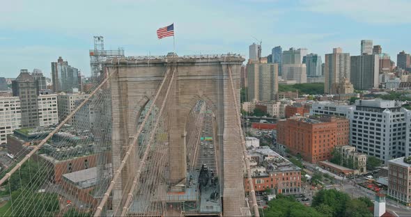 Panorama Aerial View of Brooklyn Bridge with Brooklyn Downtown Majestic Skyline in New York City US