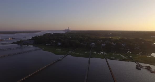 Aerial of coastal wetlands at sunrise