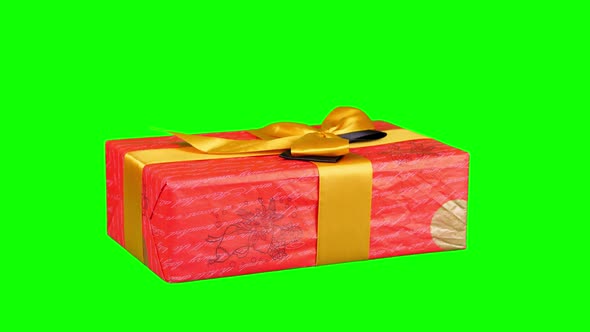 Beautifully Wrapped Gift, Present Isolated on Green Background. Close-up, Rotation. Christmas or New