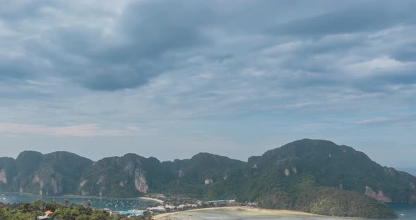 Time Lapse of Day Clouds Over the Wonderful Bay of Phi Phi Island Landscape with Boats. Andaman Sea