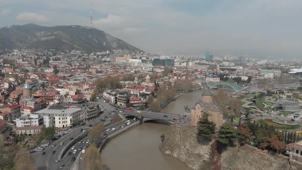 Aerial view of Metekhi church in the center of Tbilisi, Georgia