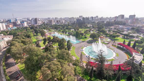 Aerial View to Park of the Reserve with Magic Water Circuit Biggest Fountain Complex Timelapse