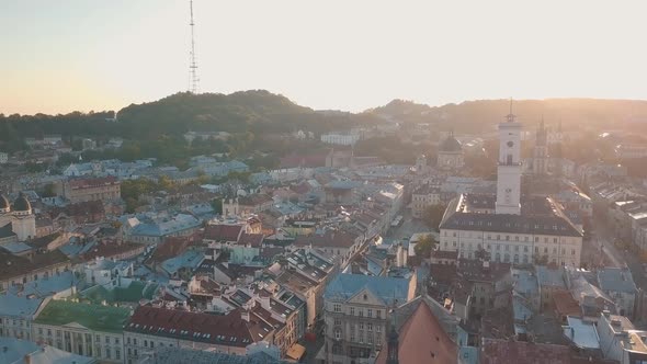 Aerial City Lviv, Ukraine. European City. Popular Areas of the City. Town Hall