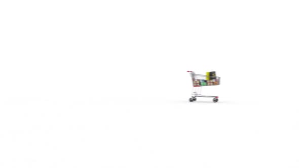 Retail Shopping Cart with Purchases Isolated on White Background Approaching alt