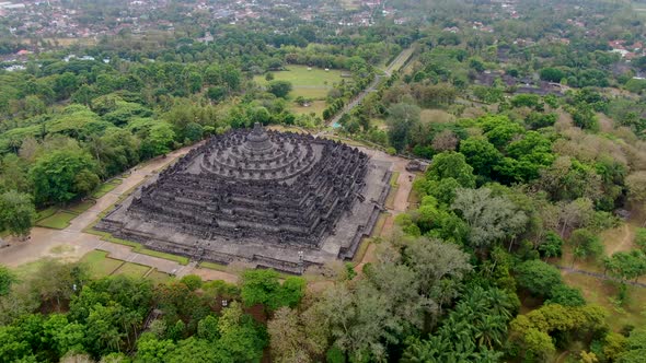 Javanese landmark, ancient Buddhist temple Borobudur, Indonesia, aerial view