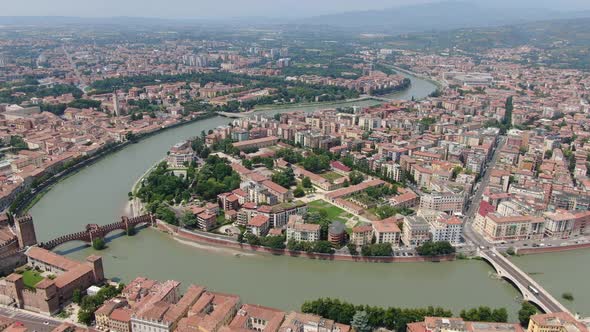 Aerial view of Adige river and Verona city center, Italy