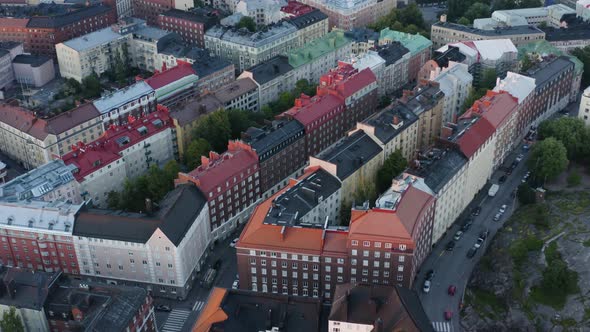 Lower aerial Helsinki colorful buildings residential block