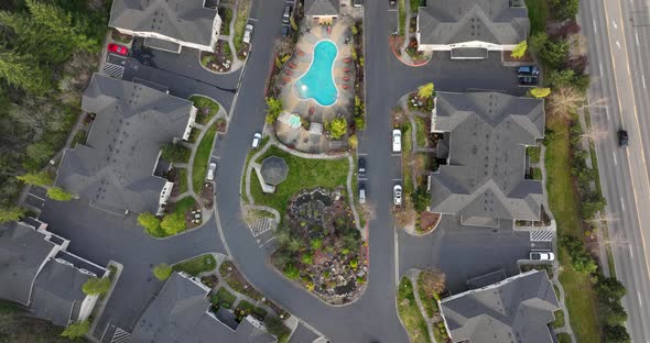 Town down aerial of a condominium complex in America.