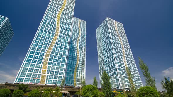 Modern Towers of Residential Complex Near Ishim River Timelapse Hyperlapse in Astana