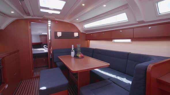 Interior dining room on a sailboat boat.