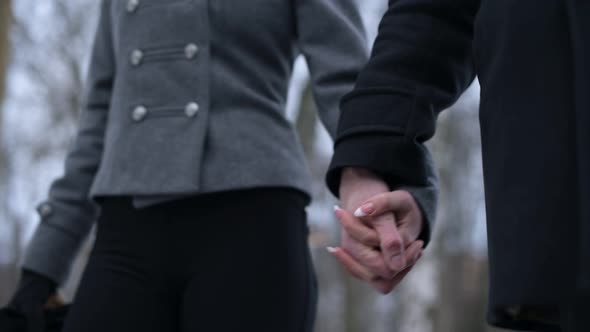 a man and a woman are holding hands while walking in the park, close-up of hands