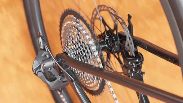 Endless close-up view at the MTB bike wheel while riding. Cassette. Chain. 4k HD