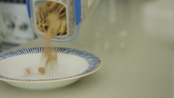 Close up tracking shot of generic cereal being poured into a bowl