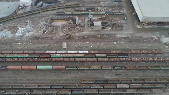 Metallurgical Production View From a Height Railway Freight Cars with Scrap Metal Near the Plant