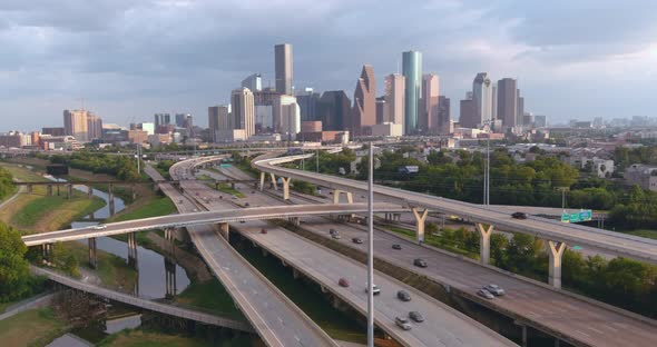 High angle establishing drone shot of downtown Houston. This video was filmed in 4k for best image q