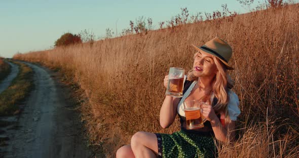 Attractive Slavic Girl Posing with Two Pints of Light and Dark Beer