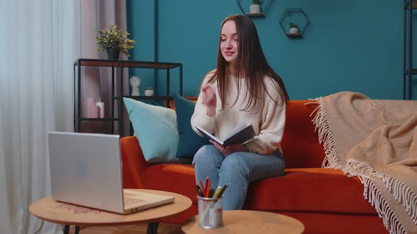 Young Woman Teacher Freelancer Consult Student By Laptop Use Modern Tech for Elearning at Home Room alt