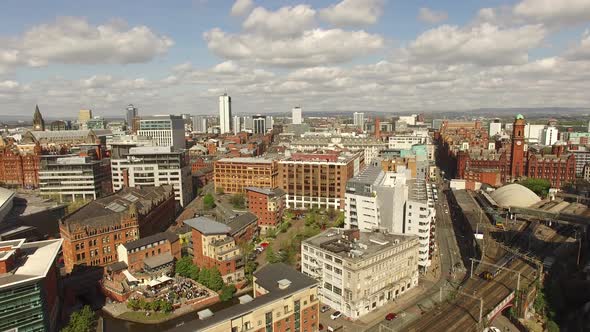 Manchester UK Aerial View Crane Shot With Train Arrival